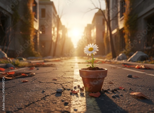 Medium close-up, A micro-tiny clay pot full of dirt with a beautiful daisie planted in it, shining in the autumn sun on a road in an abandoned city, fiction, wallpaper, character, cg artwork, art, fla