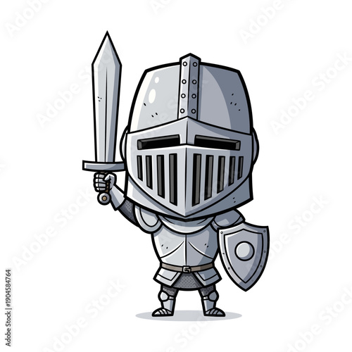 Cute Knight in Shining Armor Holding Sword and Shield, Cartoon Character