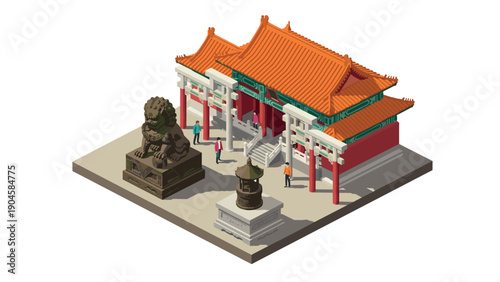 Traditional chinese architecture with lion sculpture and courtyard in isometric style