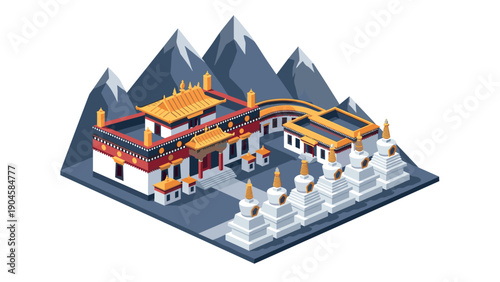 Isometric tibetan architecture with mountain backdrop and stupas