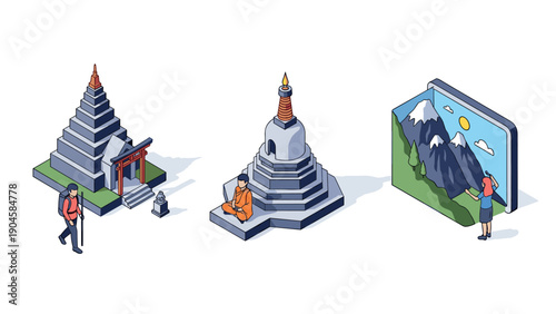 Isometric travel concept: exploring temples and nature in minimalist adventure design