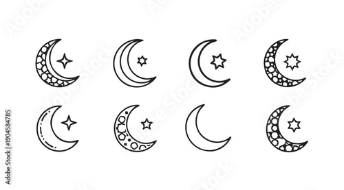 Crescent Moon and Star Icons Set, Islamic Symbols, Celestial Objects, Stock Media