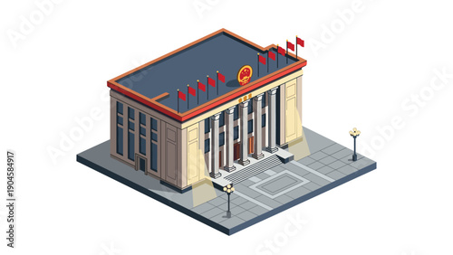 Majestic government building with flags in isometric design