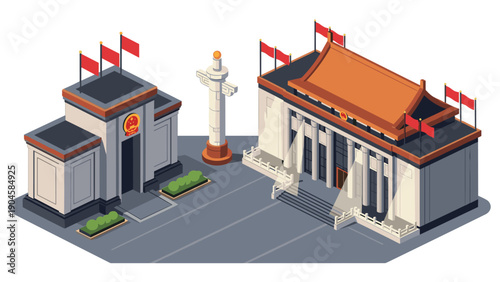 Isometric icons of beijing historical landmarks and government buildings