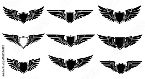 Collection of black shield and wing logos on a white background