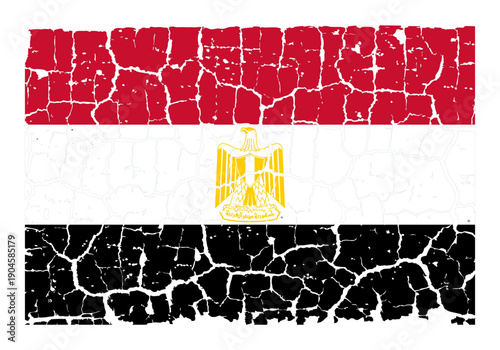 Illustration of the national flag of Egypt painted on a cracked wall. Grunge distressed style background with official Egyptian red, white, and black colors with Eagle of Saladin.