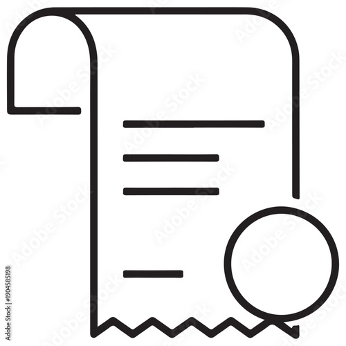 Minimalist line icon of a paper receipt with a coin symbol representing financial transactions, billing processes, and retail payments for business accounting and e-commerce applications.