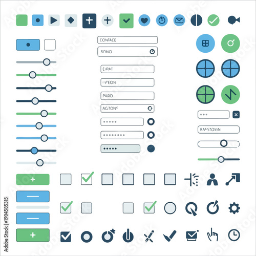 A set of UI/UX design elements with buttons, sliders, and form fields