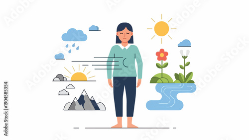 A person with closed eyes between weather icons and nature elements