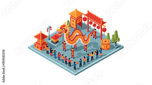 Isometric lunar new year festival with dragon dance performance in urban setting