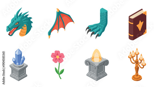 Isometric fantasy elements: dragon, magic book, crystal, and more