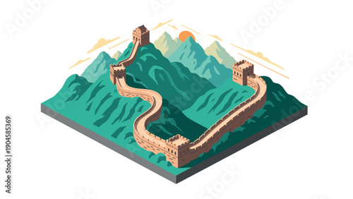 Isometric view of the great wall of china with mountain backdrop