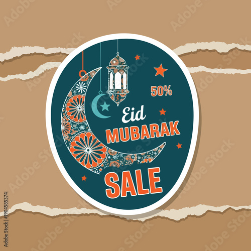 Eid Mubarak Sale Banner. Islamic Crescent Moon and Lantern. Discount Offer.