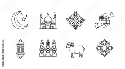 Eid Islamic Icons: Crescent Moon, Mosque, Prayer, Sheep, Gifts, Lantern, Geometric Pattern