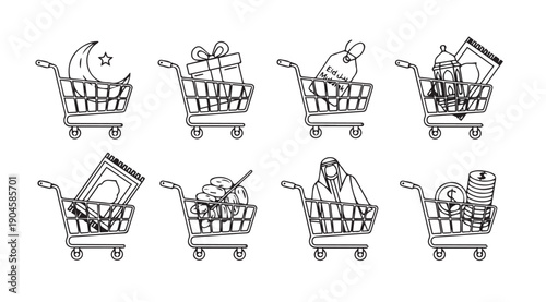 Eid Shopping Cart Icons: Moon, Gift, Tag, Lantern, Prayer Mat, Coins, Man, Money Stack