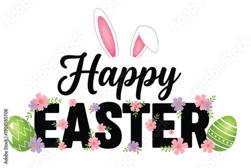 Easter day typography design with happy easter text and floral elements