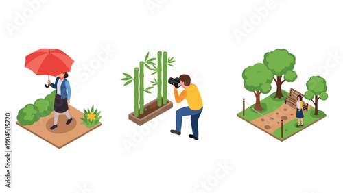 Isometric outdoor activities set: walking, bamboo photography, park visit
