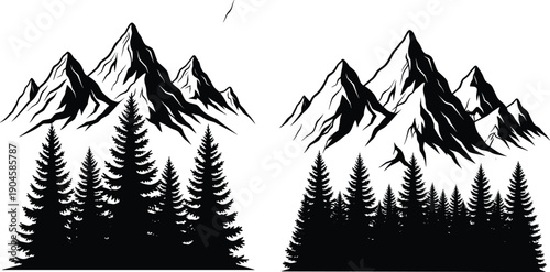 Hand drawn mountain range with pine forest silhouette set isolated on white background for outdoor adventure travel and nature logo