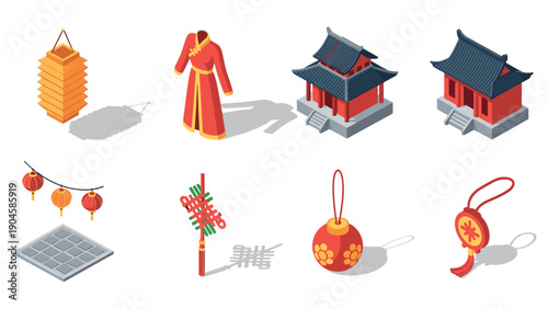 Traditional chinese culture icons in isometric style: lanterns, clothing, architecture, and decor