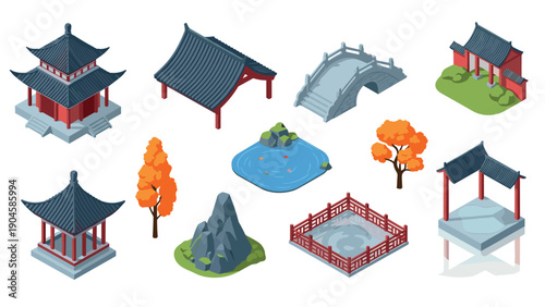 Traditional east asian architecture with gardens and nature in isometric style