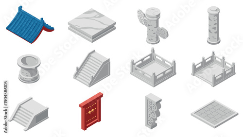 Isometric asian architecture elements collection: roofs, pavements, columns, and more