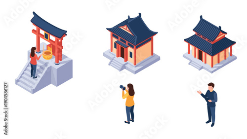 Isometric asian architecture and tourists visiting traditional temples