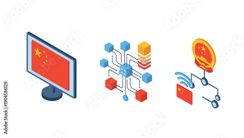 Isometric tech icons with china flag: digital network and connectivity