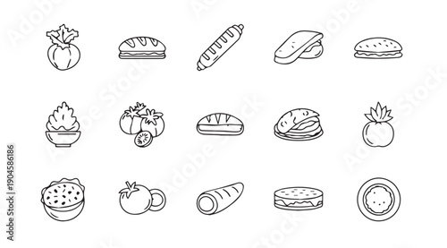 Hand Drawn Food Icons Set: Vegetables, Bread, Burgers, Pineapple, and More - Stock Media