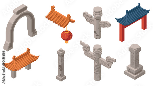 Isometric traditional asian architecture elements collection
