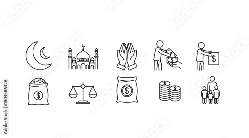 Islamic Charity and Finance Icons: Zakat, Mosque, Moon, Scales, Money Bags, Coins, Family