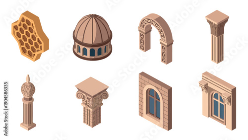 Isometric classical architecture elements with columns and arches