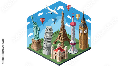 Global landmarks in isometric style with hot air balloons and airplane
