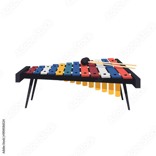 Wooden xylophone with colorful bars and mallets on black stand  