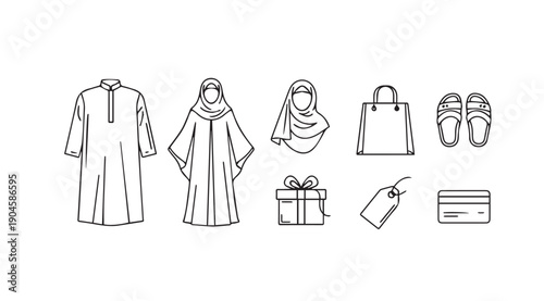Islamic Clothing and Shopping Icons: Thobe, Hijab, Gift, Bag, Credit Card, Slippers
