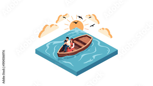 Couple boating on water with sun and birds at sunset in isometric style