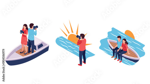 Isometric couple enjoying sunset on boat with photographer capturing the moment