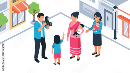 Family street scene with photographer capturing memories in an urban environment
