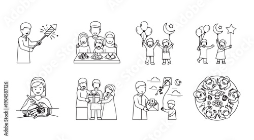 Islamic Family Celebration Icons: Eid al-Fitr and Ramadan Activities, Line Art Style