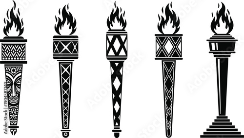 Set of black and white tribal tiki torches with flame icons for tropical party decorations and ceremonial ritual vector illustrations