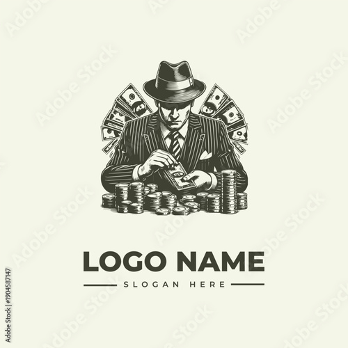 A vintage-style illustration of a suited man in a fedora examining a card with stacks of poker chips and money around him.