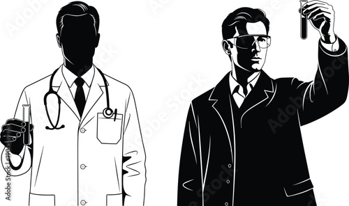 Professional Medical Doctor and Laboratory Scientist Silhouette Illustrations Holding Test Tubes for Healthcare Research, Clinical Science, and Biotechnology Concept Art