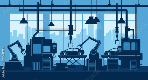 Industrial silhouette of robotic arms and machinery in a factory with cityscape background