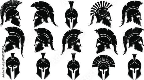 Ancient Greek and Roman warrior helmets collection, classical armor illustrations, historical battle headgear vector icons for education and design