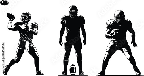 American football players silhouettes, quarterback throwing ball, lineman standing, running back carrying football, sports action vector illustration on white background