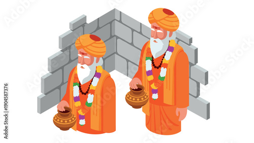 Isometric artwork of traditional elders in vibrant attire holding decorated pots