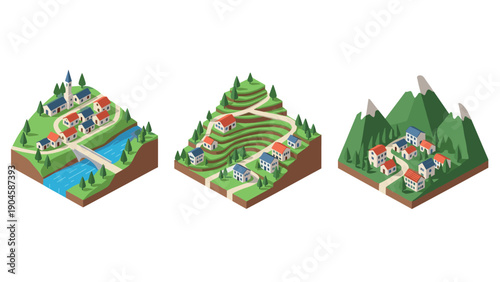 Isometric rural landscapes with villages and scenic nature elements