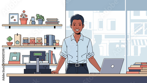 A smiling shopkeeper stands at a counter with laptop, books, and plants