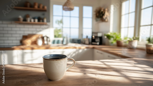 Wallpaper Mural Coffee cup sitting on a wooden countertop with sunlight streaming into a bright, modern kitchen, creating an inviting morning atmosphere Torontodigital.ca