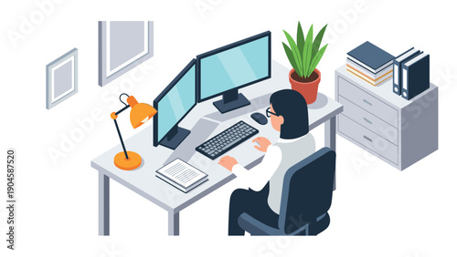 Isometric office workspace with dual monitors and desk plant
