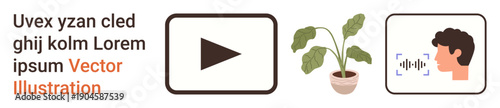 Technology, visual media, communication, voice recognition, nature, and sustainability. Minimalistic icons of play button, leafy plant and head with sound waves. Technology and visual media concepts